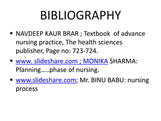 BIBLIOGRAPHY
 NAVDEEP KAUR BRAR ; Textbook of advance
nursing practice, The health sciences
publisher, Page no: 723-724.
 www. slideshare.com ; MONIKA SHARMA:
Planning…..phase of nursing.
 www.slideshare.com; Mr. BINU BABU: nursing
process
 