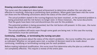 • Drawing conclusion about problem status
• The nurse uses the judgement about goal achievement to determine whether the care plan was
effective in resolving, reducing or preventing client problems. When goals have been met the nurse
can draw one the following conclusions about the status of the client’s problem.
• The actual problem stated in the nursing diagnosis has been resolved , or the potential problem is
being prevented and the risk factors no longer exist. In these instances , the nurse documents
that the goals have been met and discontinues the care for the problem.
• The potential problem is being prevented, but the risk factors still present. In this case , the nurse
keeps the problem on the care plan.
• The actual problem still exists even though some goals are being met. In this case the nursing
interventions must be continued.
• Continuing , modifying , or terminating the nursing care plan
• After drawing conclusion about the status of the client’s problems , the nurse modifies the care plan
as indicated. Whether or not goals were met, a number of decision need to be made about
continuing, modifying or terminating nursing care for each problem.
• Before making individual modification, the nurse must first determine why the plan as a whole was
not completely effective. This require a review of the entire plan.
 