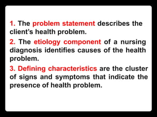 1. The problem statement describes the
client’s health problem.
2. The etiology component of a nursing
diagnosis identifies causes of the health
problem.
3. Defining characteristics are the cluster
of signs and symptoms that indicate the
presence of health problem.
 
