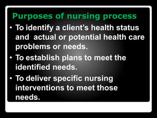 Purposes of nursing process
• To identify a client’s health status
and actual or potential health care
problems or needs.
• To establish plans to meet the
identified needs.
• To deliver specific nursing
interventions to meet those
needs.
 