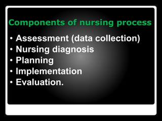Components of nursing process
• Assessment (data collection)
• Nursing diagnosis
• Planning
• Implementation
• Evaluation.
 