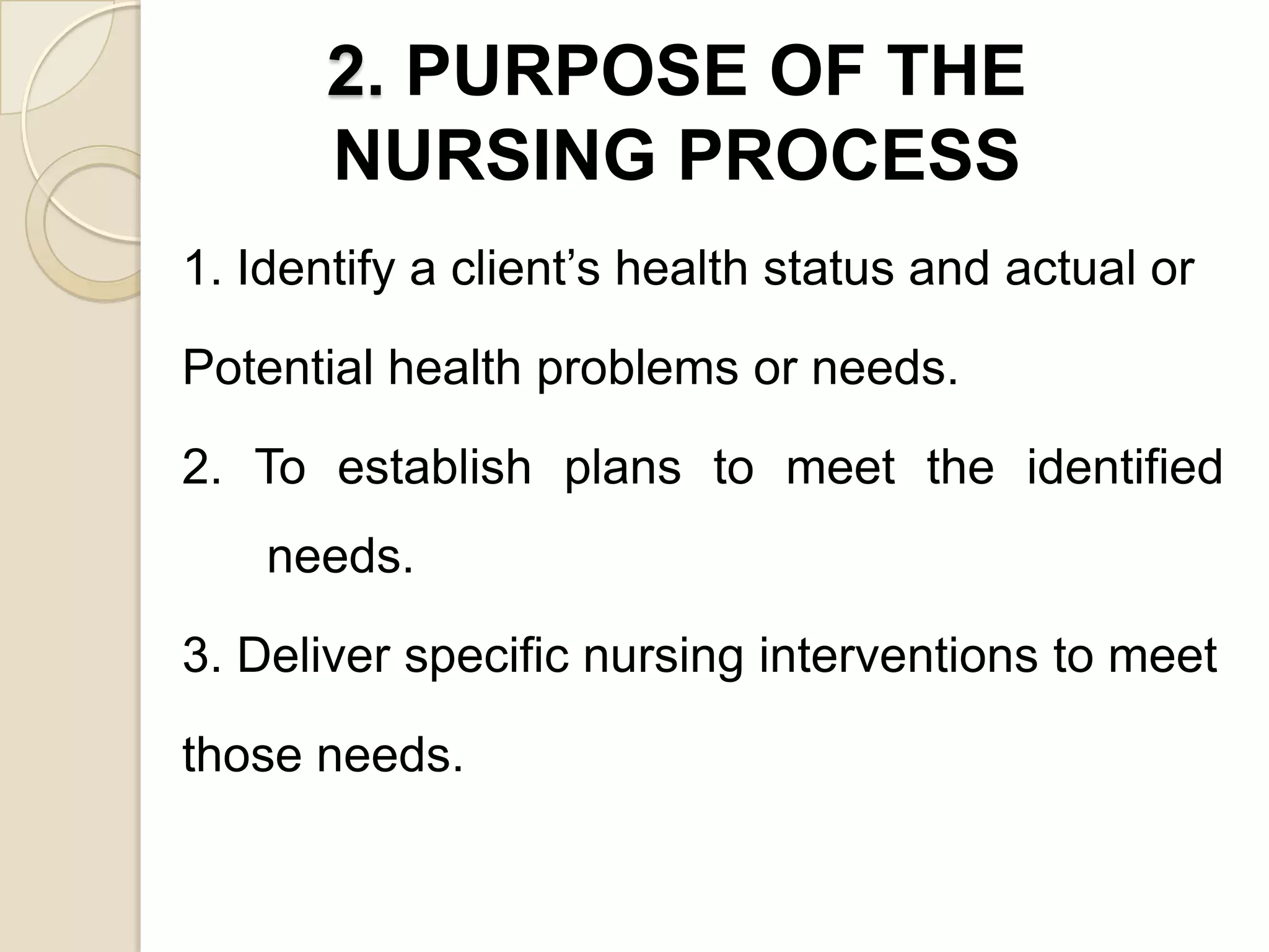 2. PURPOSE OF THE
       NURSING PROCESS
1. Identify a client’s health status and actual or

Potential health problems or needs.

2. To establish plans to meet the identified
    needs.

3. Deliver specific nursing interventions to meet

those needs.
 