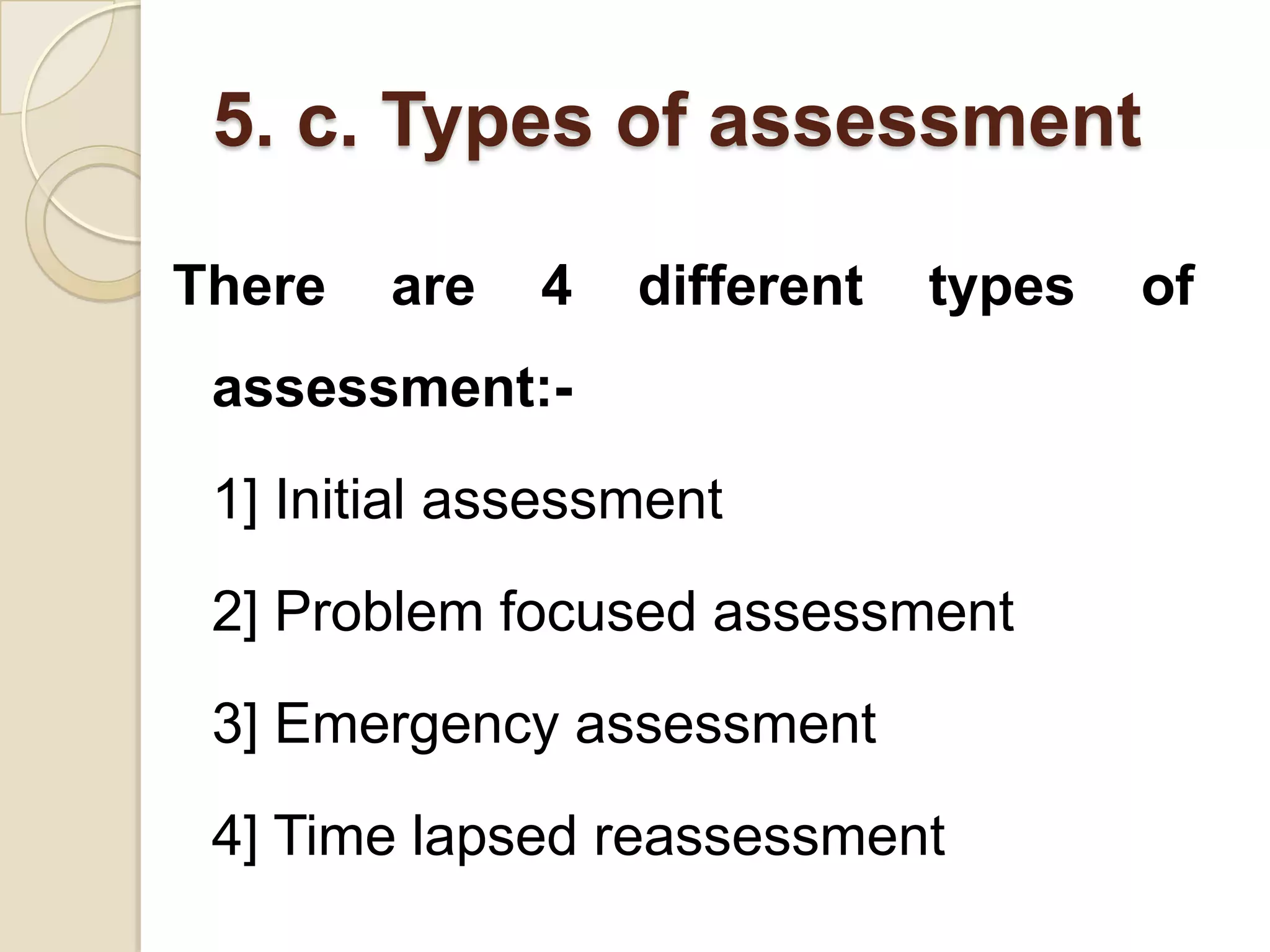 5. c. Types of assessment

There   are   4   different   types   of
 assessment:-
 1] Initial assessment
 2] Problem focused assessment
 3] Emergency assessment
 4] Time lapsed reassessment
 