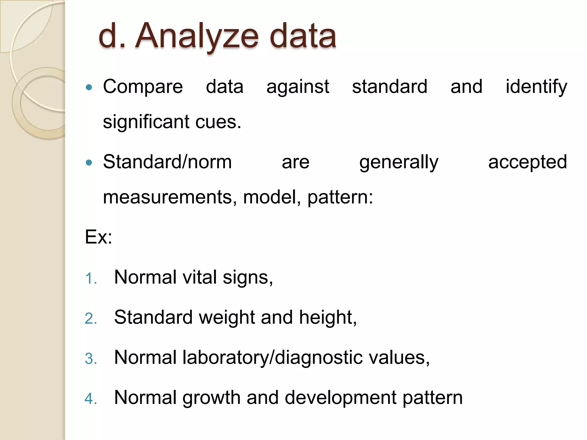 d. Analyze data
    Compare     data    against   standard     and    identify
     significant cues.

    Standard/norm          are     generally         accepted
     measurements, model, pattern:

Ex:

1.    Normal vital signs,

2.    Standard weight and height,

3.    Normal laboratory/diagnostic values,

4.    Normal growth and development pattern
 
