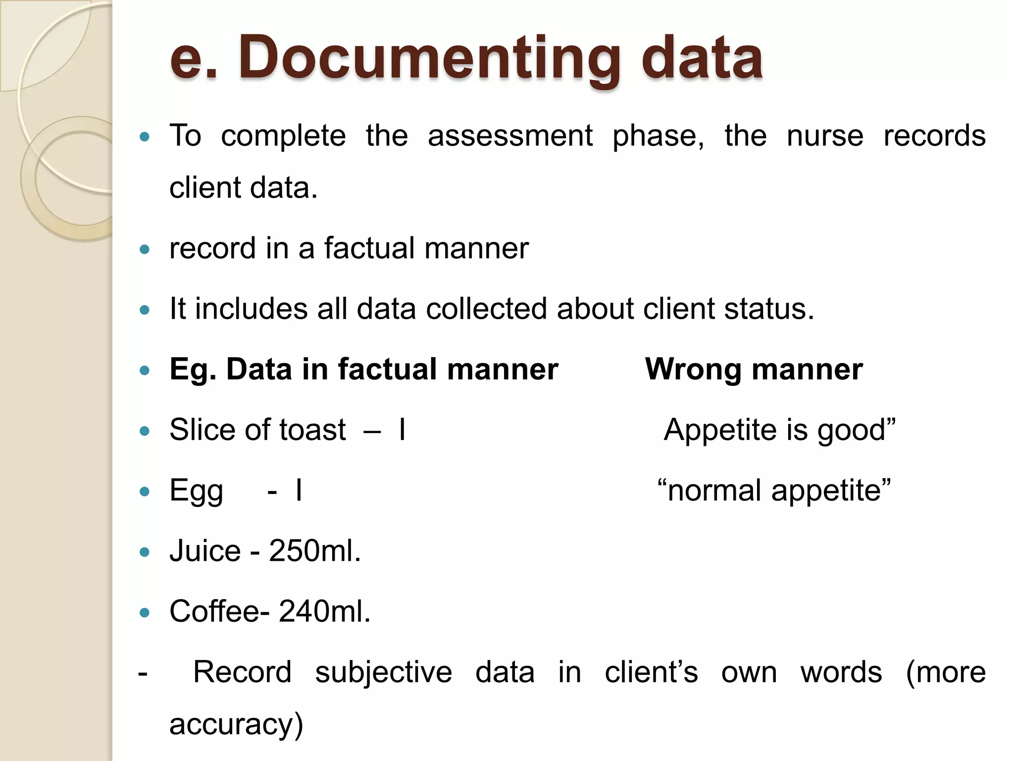 e. Documenting data
   To complete the assessment phase, the nurse records
    client data.
   record in a factual manner
   It includes all data collected about client status.
   Eg. Data in factual manner           Wrong manner
   Slice of toast – I                     Appetite is good”
   Egg    - I                            “normal appetite”
   Juice - 250ml.
   Coffee- 240ml.
-    Record subjective data in client’s own words (more
    accuracy)
 