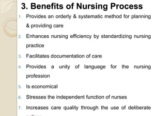 3. Benefits of Nursing Process
1.   Provides an orderly & systematic method for planning
     & providing care

2.   Enhances nursing efficiency by standardizing nursing
     practice

3.   Facilitates documentation of care

4.   Provides a unity of language for the nursing
     profession

5.   Is economical

6.   Stresses the independent function of nurses

7.   Increases care quality through the use of deliberate
 