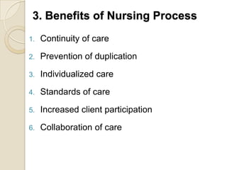 3. Benefits of Nursing Process
1.   Continuity of care

2.   Prevention of duplication

3.   Individualized care

4.   Standards of care

5.   Increased client participation

6.   Collaboration of care
 