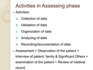 Activities in Assessing phase
   Activities:
    a. Collection of data
    b. Validation of data
    c. Organization of data
    d. Analyzing of data
    e. Recording/documentation of data
   Assessment = Observation of the patient +
    Interview of patient, family & Significant Others +
    examination of the patient + Review of medical
    record
 