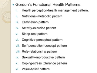   Gordon’s Functional Health Patterns:
    i.    Health perception-health management pattern.
    ii.   Nutritional-metabolic pattern
    iii. Elimination pattern
    iv. Activity-exercise pattern
    v.    Sleep-rest pattern
    vi. Cognitive-perceptual pattern
    vii. Self-perception-concept pattern
    viii. Role-relationship pattern
    ix. Sexuality-reproductive pattern
    x.    Coping-stress tolerance pattern
    xi. Value-belief pattern
 