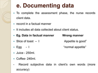 e. Documenting data
   To complete the assessment phase, the nurse records
    client data.
   record in a factual manner
   It includes all data collected about client status.
   Eg. Data in factual manner           Wrong manner
   Slice of toast – I                     Appetite is good”
   Egg    - I                            “normal appetite”
   Juice - 250ml.
   Coffee- 240ml.
-    Record subjective data in client’s own words (more
    accuracy)
 