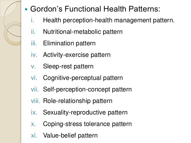 gordons functional health patterns in relation to asthma Health promotion and the individual edelman: who authored the framework which provides the foundation for nursing assessment and diagnosis using the functional health patterns a erikson b gordon c newman d or goals that guide choices or decisions that are related to health. gordons functional health patterns in relation to asthma Health promotion and the individual edelman: who authored the framework which provides the foundation for nursing assessment and diagnosis using the functional health patterns a erikson b gordon c newman d or goals that guide choices or decisions that are related to health.