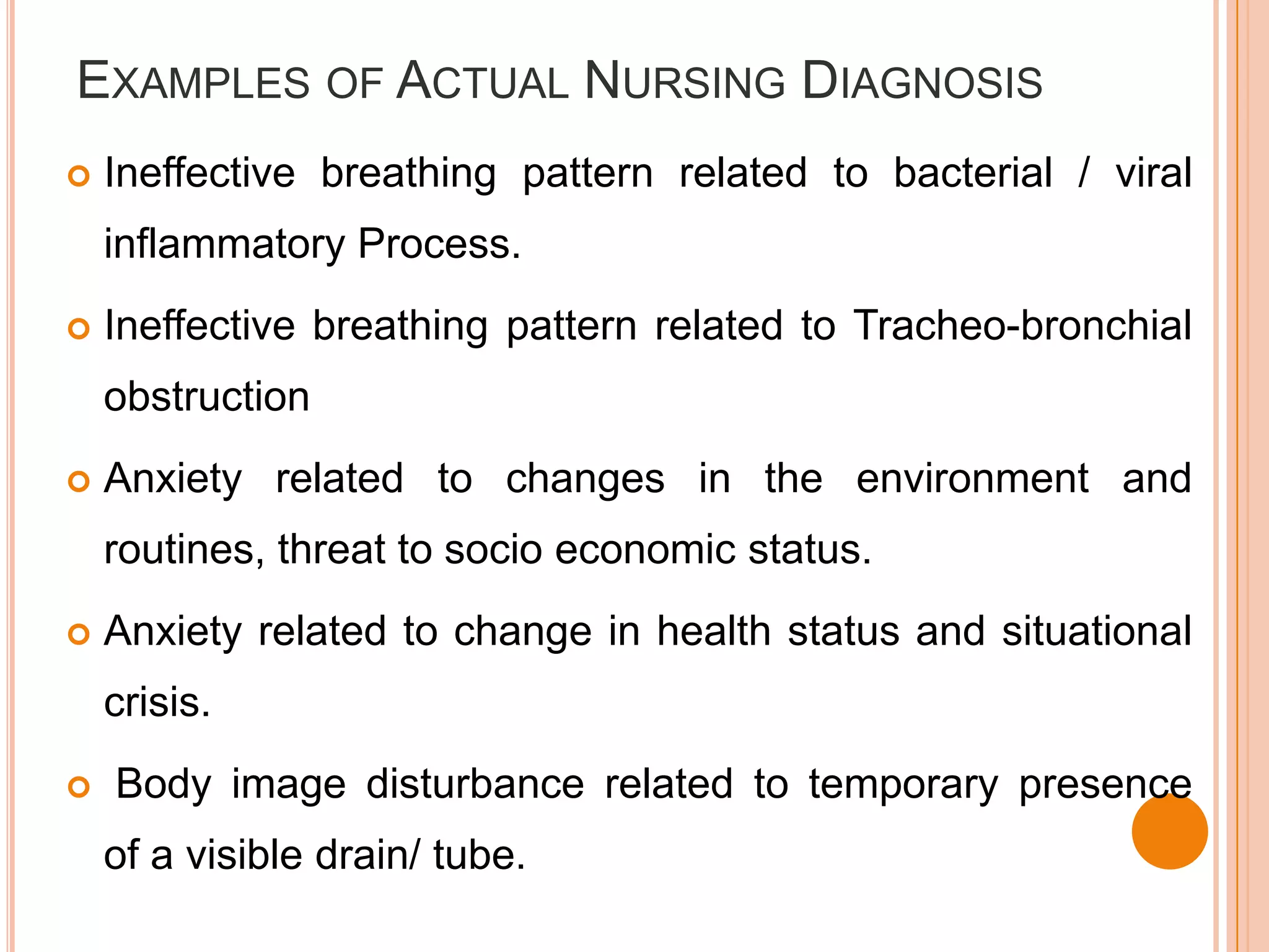 EXAMPLES OF ACTUAL NURSING DIAGNOSIS
   Ineffective breathing pattern related to bacterial / viral
    inflammatory Process.
   Ineffective breathing pattern related to Tracheo-bronchial
    obstruction
   Anxiety related to changes in the environment and
    routines, threat to socio economic status.
   Anxiety related to change in health status and situational
    crisis.
   Body image disturbance related to temporary presence
    of a visible drain/ tube.
 