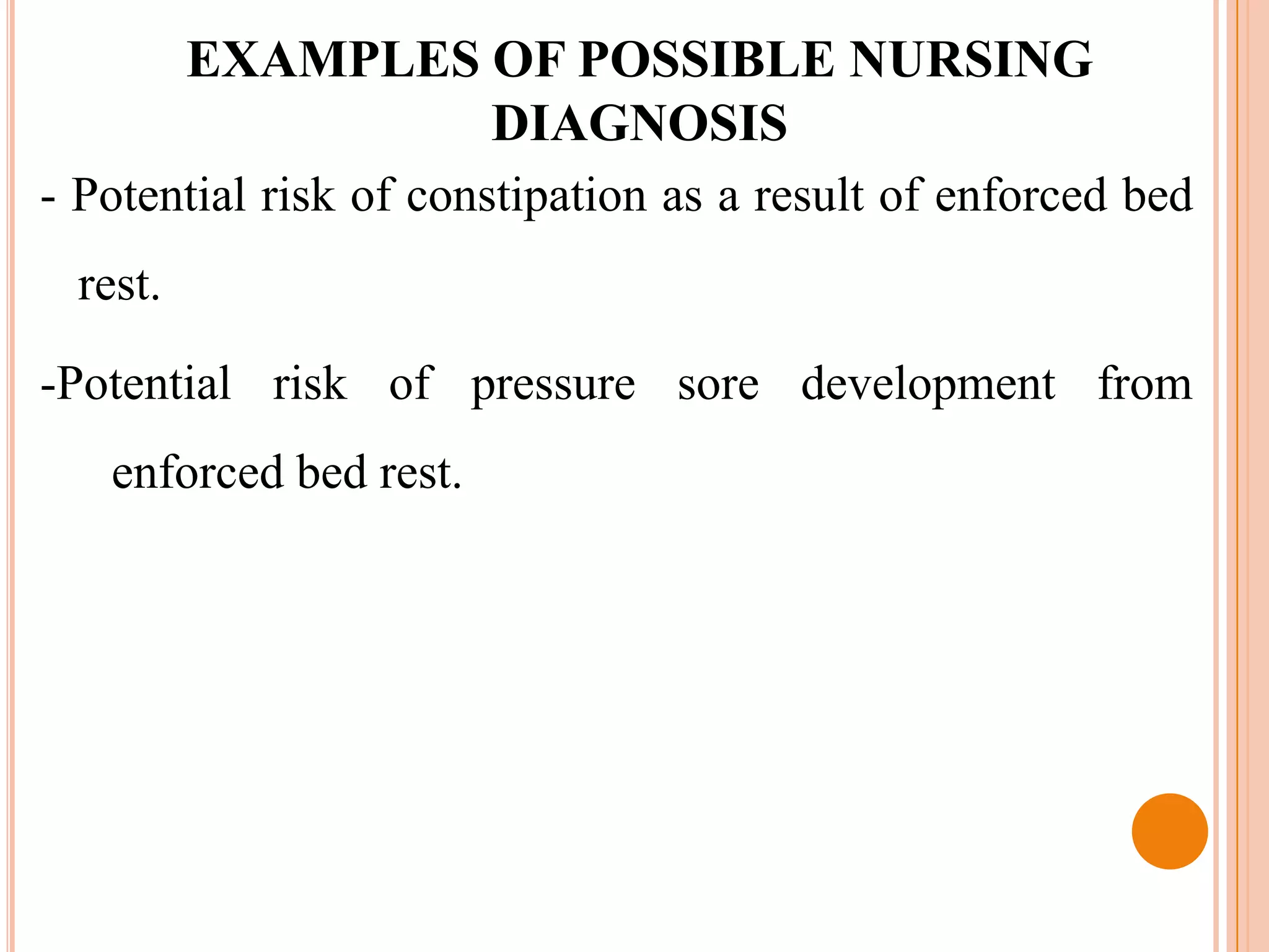 EXAMPLES OF POSSIBLE NURSING
                  DIAGNOSIS
- Potential risk of constipation as a result of enforced bed
 rest.

-Potential risk of pressure sore development from
   enforced bed rest.
 