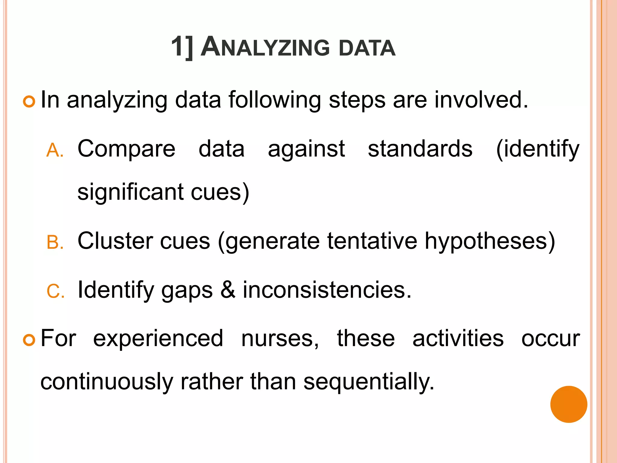 1] ANALYZING DATA
 In   analyzing data following steps are involved.

  A.    Compare data against standards (identify
        significant cues)

  B.    Cluster cues (generate tentative hypotheses)

  C.    Identify gaps & inconsistencies.

 For    experienced nurses, these activities occur
 continuously rather than sequentially.
 