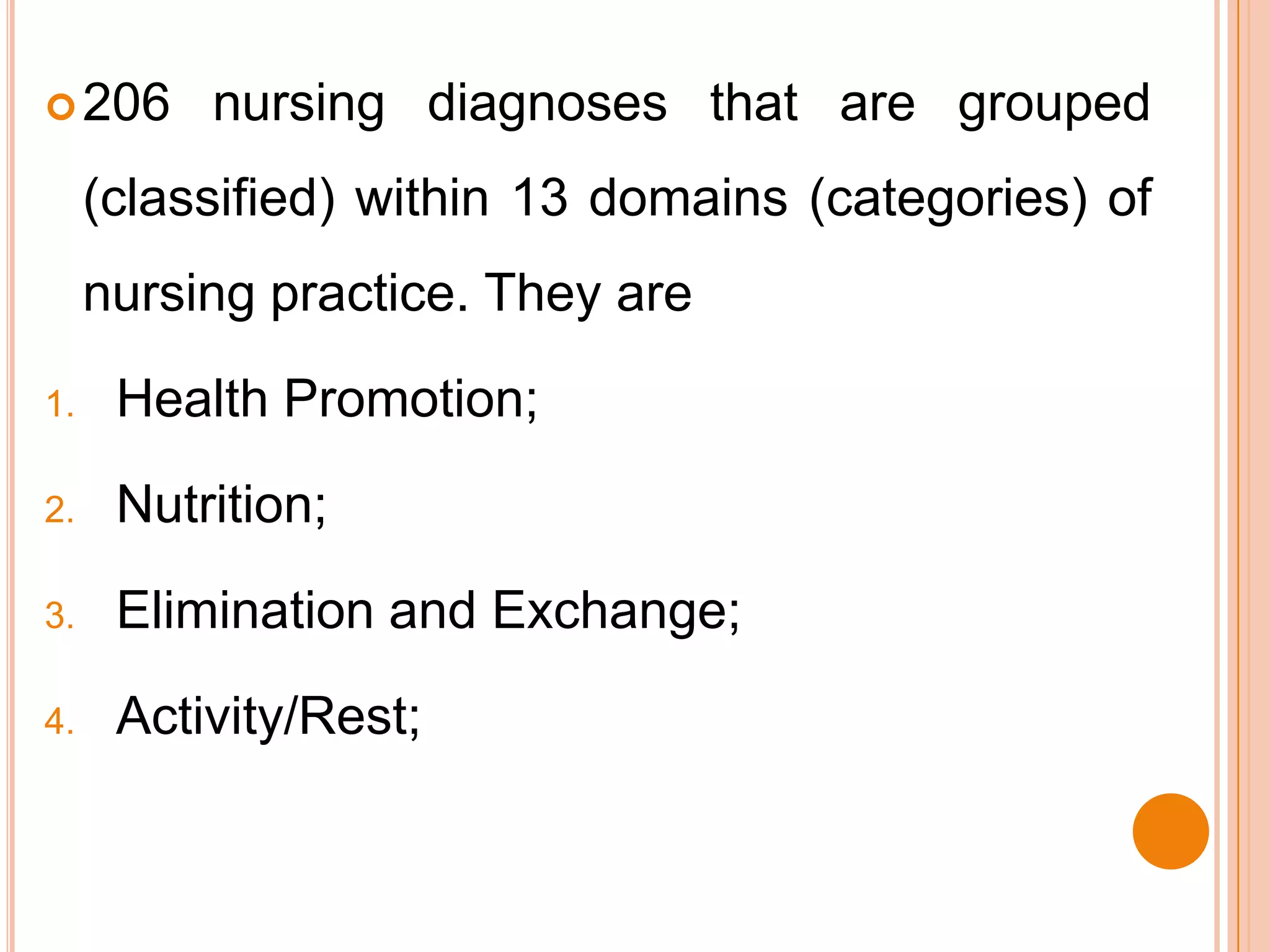  206     nursing diagnoses that are grouped
     (classified) within 13 domains (categories) of
     nursing practice. They are

1.    Health Promotion;

2.    Nutrition;

3.    Elimination and Exchange;

4.    Activity/Rest;
 