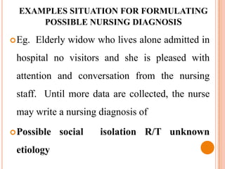 EXAMPLES SITUATION FOR FORMULATING
      POSSIBLE NURSING DIAGNOSIS

 Eg.   Elderly widow who lives alone admitted in
 hospital no visitors and she is pleased with
 attention and conversation from the nursing
 staff. Until more data are collected, the nurse
 may write a nursing diagnosis of
 Possible   social    isolation R/T unknown
 etiology
 