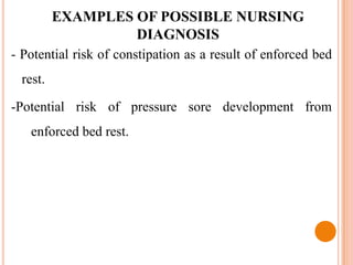 EXAMPLES OF POSSIBLE NURSING
                  DIAGNOSIS
- Potential risk of constipation as a result of enforced bed
 rest.

-Potential risk of pressure sore development from
   enforced bed rest.
 