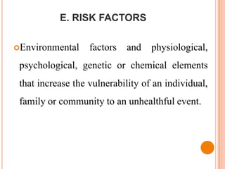 E. RISK FACTORS

Environmental     factors   and   physiological,
 psychological, genetic or chemical elements
 that increase the vulnerability of an individual,
 family or community to an unhealthful event.
 