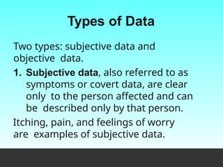 Types of Data
Two types: subjective data and
objective data.
1. Subjective data, also referred to as
symptoms or covert data, are clear
only to the person affected and can
be described only by that person.
Itching, pain, and feelings of worry
are examples of subjective data.
 