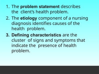 1. The problem statement describes
the client’s health problem.
2. The etiology component of a nursing
diagnosis identifies causes of the
health problem.
3. Defining characteristics are the
cluster of signs and symptoms that
indicate the presence of health
problem.
 