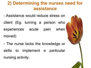 2) Determining the nurses need for
              assistance
- Assistance would reduce stress on
client (Eg. turning a person who
experiences     acute   pain   when
moved)

- The nurse lacks the knowledge or
skills to implement a particular
nursing activity.
 