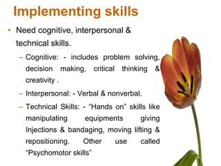 Implementing skills
• Need cognitive, interpersonal &
  technical skills.
  – Cognitive: - includes problem solving,
    decision       making,   critical    thinking   &
    creativity .
  – Interpersonal: - Verbal & nonverbal.
  – Technical Skills: - “Hands on” skills like
    manipulating         equipments           giving
    Injections & bandaging, moving lifting &
    repositioning.       Other          use   called
    “Psychomotor skills”
 