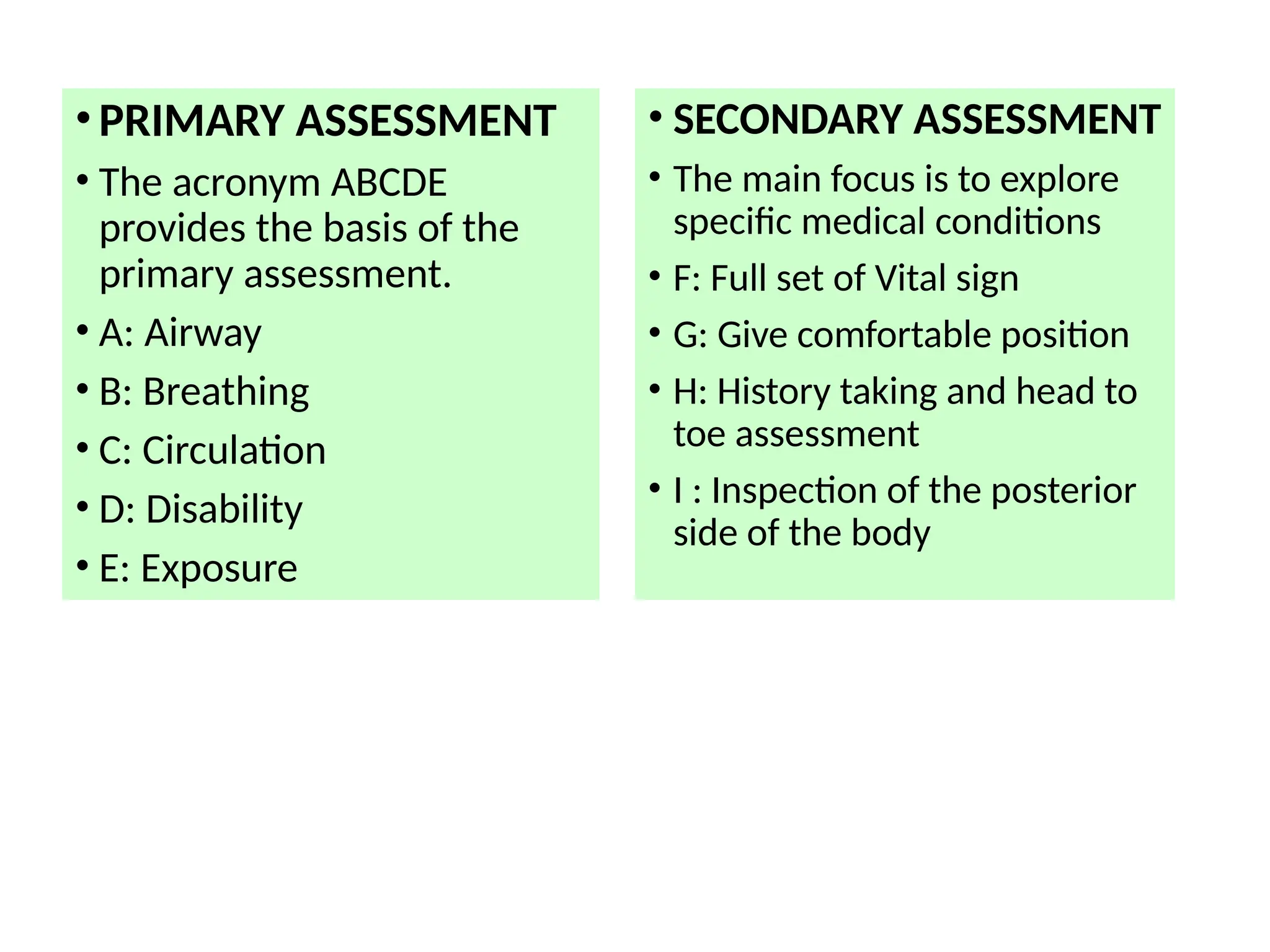 • PRIMARY ASSESSMENT
• The acronym ABCDE
provides the basis of the
primary assessment.
• A: Airway
• B: Breathing
• C: Circulation
• D: Disability
• E: Exposure
• SECONDARY ASSESSMENT
• The main focus is to explore
specific medical conditions
• F: Full set of Vital sign
• G: Give comfortable position
• H: History taking and head to
toe assessment
• I : Inspection of the posterior
side of the body
 