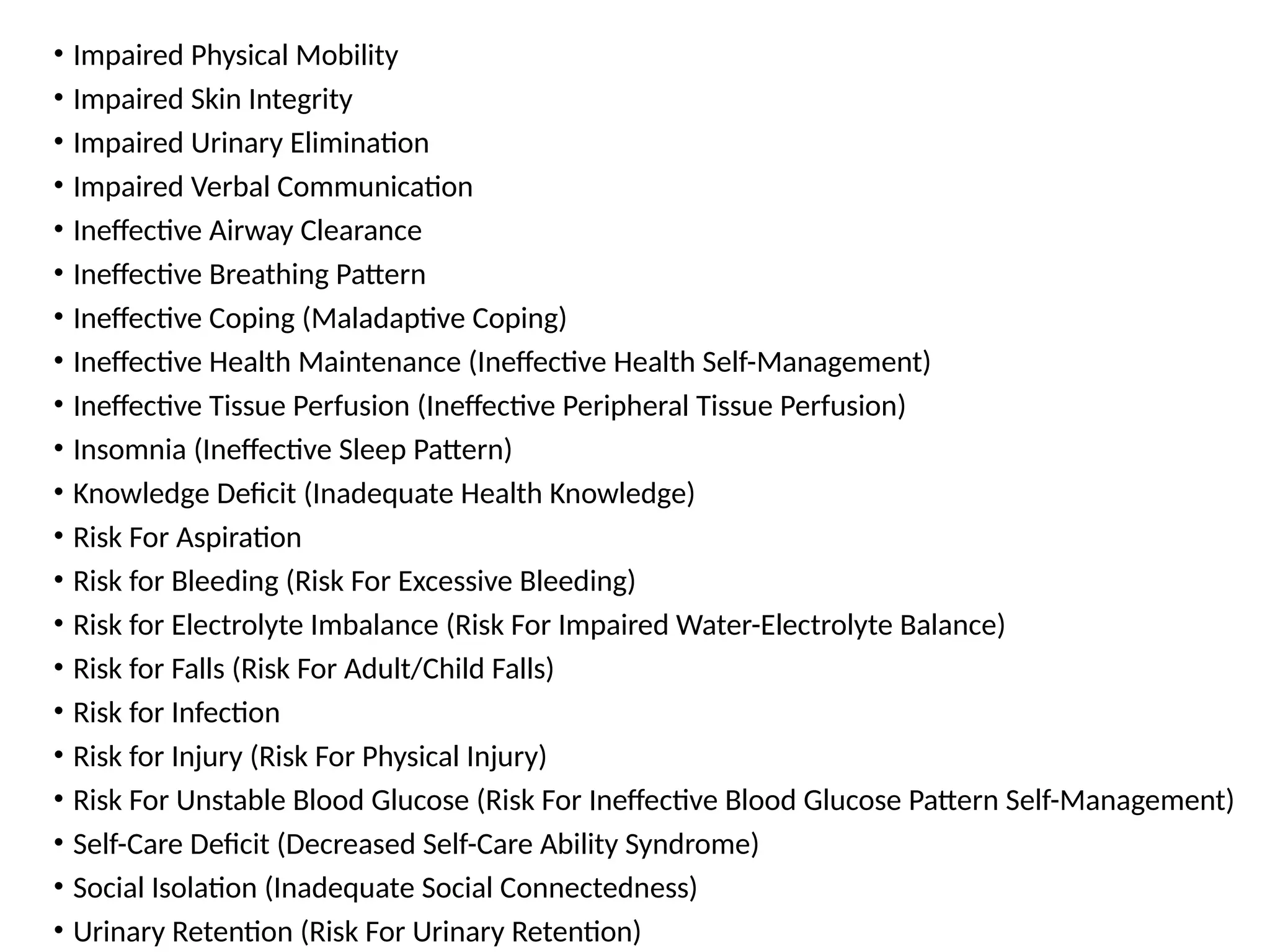 • Impaired Physical Mobility
• Impaired Skin Integrity
• Impaired Urinary Elimination
• Impaired Verbal Communication
• Ineffective Airway Clearance
• Ineffective Breathing Pattern
• Ineffective Coping (Maladaptive Coping)
• Ineffective Health Maintenance (Ineffective Health Self-Management)
• Ineffective Tissue Perfusion (Ineffective Peripheral Tissue Perfusion)
• Insomnia (Ineffective Sleep Pattern)
• Knowledge Deficit (Inadequate Health Knowledge)
• Risk For Aspiration
• Risk for Bleeding (Risk For Excessive Bleeding)
• Risk for Electrolyte Imbalance (Risk For Impaired Water-Electrolyte Balance)
• Risk for Falls (Risk For Adult/Child Falls)
• Risk for Infection
• Risk for Injury (Risk For Physical Injury)
• Risk For Unstable Blood Glucose (Risk For Ineffective Blood Glucose Pattern Self-Management)
• Self-Care Deficit (Decreased Self-Care Ability Syndrome)
• Social Isolation (Inadequate Social Connectedness)
• Urinary Retention (Risk For Urinary Retention)
 
