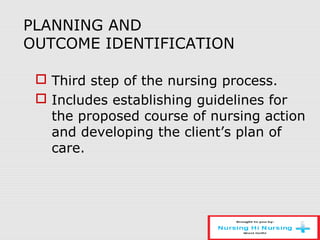 PLANNING AND
OUTCOME IDENTIFICATION
 Third step of the nursing process.
 Includes establishing guidelines for
the proposed course of nursing action
and developing the client’s plan of
care.
 