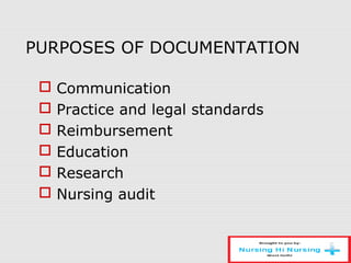 PURPOSES OF DOCUMENTATION
 Communication
 Practice and legal standards
 Reimbursement
 Education
 Research
 Nursing audit
 