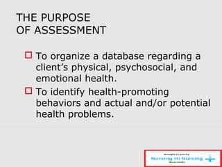 THE PURPOSE
OF ASSESSMENT
 To organize a database regarding a
client’s physical, psychosocial, and
emotional health.
 To identify health-promoting
behaviors and actual and/or potential
health problems.
 