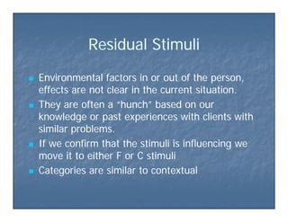 Resid al Stim liResid al Stim liResidual StimuliResidual Stimuli
 Environmental factors in or out of the person,Environmental factors in or out of the person,
effects are not clear in the current situation.effects are not clear in the current situation.
 They are often a “hunch” based on ourThey are often a “hunch” based on our
knowledge or past experiences with clients withknowledge or past experiences with clients with
i il bli il blsimilar problems.similar problems.
 If we confirm that the stimuli is influencing weIf we confirm that the stimuli is influencing we
it t ith F C ti liit t ith F C ti limove it to either F or C stimulimove it to either F or C stimuli
 Categories are similar to contextualCategories are similar to contextual
 