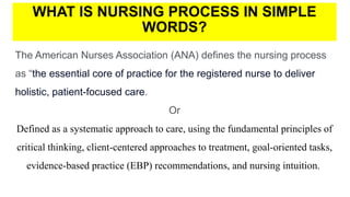 The American Nurses Association (ANA) defines the nursing process
as “the essential core of practice for the registered nurse to deliver
holistic, patient-focused care.
Or
Defined as a systematic approach to care, using the fundamental principles of
critical thinking, client-centered approaches to treatment, goal-oriented tasks,
evidence-based practice (EBP) recommendations, and nursing intuition.
WHAT IS NURSING PROCESS IN SIMPLE
WORDS?
 