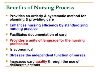 Benefits of Nursing Process
 Provides an orderly & systematic method for
planning & providing care
 Enhances nursing efficiency by standardizing
nursing practice
 Facilitates documentation of care
 Provides a unity of language for the nursing
profession
 Is economical
 Stresses the independent function of nurses
 Increases care quality through the use of
deliberate actions
 