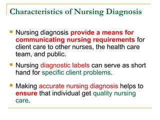 Characteristics of Nursing Diagnosis
 Nursing diagnosis provide a means for
communicating nursing requirements for
client care to other nurses, the health care
team, and public.
 Nursing diagnostic labels can serve as short
hand for specific client problems.
 Making accurate nursing diagnosis helps to
ensure that individual get quality nursing
care.
 