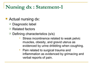 Nursing dx : Statement-1
 Actual nursing dx:
 Diagnostic label
 Related factors
 Defining characteristics (s/s)
 Stress incontinence related to weak pelvic
muscles, obesity, and gravid uterus as
evidenced by urine dribbling when coughing.
 Pain related to surgical trauma and
inflammation as evidenced by grimacing and
verbal reports of pain.
 