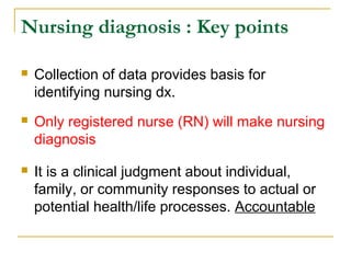 Nursing diagnosis : Key points
 Collection of data provides basis for
identifying nursing dx.
 Only registered nurse (RN) will make nursing
diagnosis
 It is a clinical judgment about individual,
family, or community responses to actual or
potential health/life processes. Accountable
 