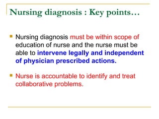  Nursing diagnosis must be within scope of
education of nurse and the nurse must be
able to intervene legally and independent
of physician prescribed actions.
 Nurse is accountable to identify and treat
collaborative problems.
Nursing diagnosis : Key points…
 