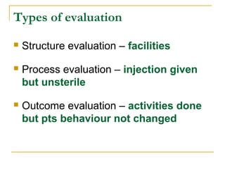 Types of evaluation
 Structure evaluation – facilities
 Process evaluation – injection given
but unsterile
 Outcome evaluation – activities done
but pts behaviour not changed
 