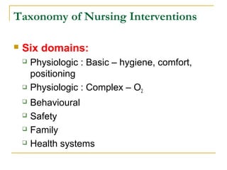 Taxonomy of Nursing Interventions
 Six domains:
 Physiologic : Basic – hygiene, comfort,
positioning
 Physiologic : Complex – O2
 Behavioural
 Safety
 Family
 Health systems
 