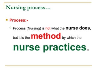  Process:-

Process (Nursing) is not what the nurse does,
but it is the methodby which the
nurse practices.
Nursing process…
 
