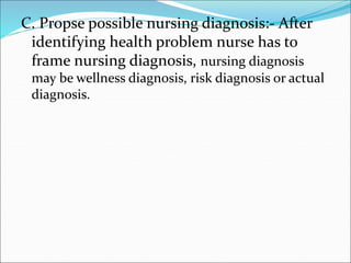 C. Propse possible nursing diagnosis:- After
identifying health problem nurse has to
frame nursing diagnosis, nursing diagnosis
may be wellness diagnosis, risk diagnosis or actual
diagnosis.
 