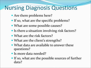Nursing Diagnosis Questions
 Are there problems here?
 If so, what are the specific problems?
 What are some possible causes?
 Is there a situation involving risk factors?
 What are the risk factors?
 What are the client’s strengths?
 What data are available to answer these
questions?
 Is more data needed?
 If so, what are the possible sources of further
data?
 