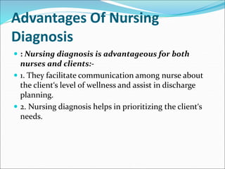 Advantages Of Nursing
Diagnosis
 : Nursing diagnosis is advantageous for both
nurses and clients:-
 1. They facilitate communication among nurse about
the client‘s level of wellness and assist in discharge
planning.
 2. Nursing diagnosis helps in prioritizing the client‘s
needs.
 