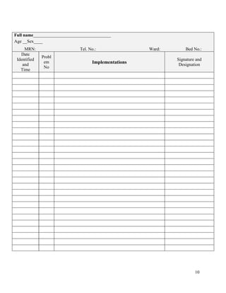 10
Full name___________________________________
Age __Sex____
MRN: Tel. No.: Ward: Bed No.:
Date
Identified
and
Time
Probl
em
No
Implementations
Signature and
Designation
 