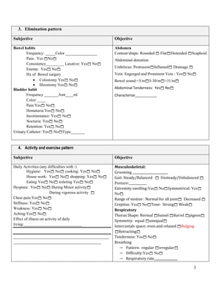 3
3. Elimination pattern
Subjective Objective
Bowel habits
Frequency: _____Color ________________
Pain: Yes No
Consistency_________ Laxative: Yes No
Enema: Yes No
Hx of Bowel surgery
 Colostomy Yes No
 Illeostomy Yes No
Bladder habit
Frequency _______Amt____ml
Color: ____
Pain:Yes No
Hematuria:Yes No
Incotinenance: Yes No
Nocturia: Yes No
Retention: Yes No
Urinary Catheter: Yes NoType_______
Abdomen
Contour/shape: Rounded  FlatDistended Scaphoid
Abdominal detention
Umbilicus: ProtrusionInflamed Drainage 
Vein: Engorged and Prominent Vein : Yes No
Bowel sound:<5/m5-30/m>31/m
Abdominal Tenderness: Yes No
Characterize___________
4. Activity and exercise pattern
Subjective Objective
Daily Activities (any difficulties with :)
Hygiene: Yes No cooking: Yes No
House work: Yes No shopping: Yes No
Eating Yes No toileting Yes No
Dyspnea: Yes No During Minor activity
During vigorous activity 
Chest pain:Yes No
Stiffness: Yes No
Weakness: Yes No
Aching:Yes No
Effect of illness on activity of daily
living:_____________________________
________________________________________________
____________________________________________
Musculoskeletal:
Grooming ________________________
Gait: Steady/Balanced  Unsteady/Unbalanced 
Posture:____________
Extremity swelling:Yes NoSymmetrical: Yes
No
Range of motion : Normal for all joint Decreased 
Crepitus: Yes NoTone: Strong Weak
Respiratory
Thorax Shape: Normal funnel Barrel pigeon
Symmetry: equal unequal
Intercostals space: even and relaxed Bulging
Retracting
Tenderness: Yes No
Breathing
 Pattern: regular irregular
 Difficulty:Yes No
 Respiratory rate________________
 