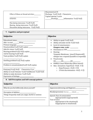 5
Effect of illness on Sexual activities:________
__________________________________
STD/STI:
__________________________________
Pain during intercourse: Yes No
Burning during intercourse: Yes No
Discomfort during intercourse: Yes No
asymmetrical 
Discharge: Yes No Characterize __________________
Vaginal opening: Lesion
_______Discharge_______Inflammation: Yes No
7. Cognitive and perceptual
Subjective Objective
Educational status:______________________________
Able to read __________Write __________________
Primary language:__________________________
Visual problemYes No explain ____________________________
Aids for vision: Yes No
Hearing problemYes No explain __________________________
Aid for hearing:Yes No
Taste problem Yes No explain
______________________________
Smelling problemYes No explain
__________________________
Problem in sensation(skin)Yes No explain
___________________________________________________
Pain(any):Yes No Characterize if yes ____________
Ability to recall: Remote: Yes NoRecent: Yes No
Ability to make decisions: Yes No
Expression of feelings: ______________________
 Ability to speak Yes No
 Ability articulate words Yes No
 Level of consciousness :
Glasgow coma scale : _____________
 Orientation to TPP:_____________________
 Hearing :
Tympanic Membrane: Intact Ruptured
whisper test: respond unable to respond
 Visual acuity:
OD_________OS:___________OU:____________
 PERRLA: intact Bilaterally Non intact
 Skin : Sensations: Superficial: +Ve –V 
o Deep Pressure: +Ve –V 
o 2 Point discrimination: +Ve –V 
8. Self-Perception and Self-concept pattern
Subjective Objective
What do you feel differently about yourself?
__________________________
Perception of abilities:__________________________
Things frequently make you angry ,fearful or anxious
:____________________________________________________________________
___________________________________________________________________
Appearance(dressing and Hygiene):__________________
_______________________________________________________
Mood(expression): Nervous ____ relaxed ____
______________________________________________________________
Speech: Pace of conversation:
Appropriate inappropriate
Tone of voice:
Appropriate to the situations
Inappropriate to situations
 