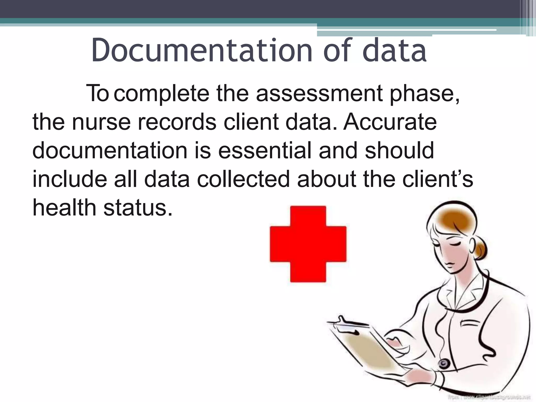 Documentation of data
To complete the assessment phase,
the nurse records client data. Accurate
documentation is essential and should
include all data collected about the client’s
health status.
 