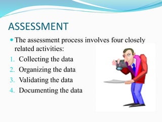 ASSESSMENT
 The assessment process involves four closely
related activities:
1. Collecting the data
2. Organizing the data
3. Validating the data
4. Documenting the data
 