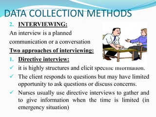 DATA COLLECTION METHODS
2. INTERVIEWING:
An interview is a planned
communication or a conversation
Two approaches of interviewing:
1. Directive interview:
✓ it is highly structures and elicit specific information.
✓ The client responds to questions but may have limited
opportunity to ask questions or discuss concerns.
✓ Nurses usually use directive interviews to gather and
to give information when the time is limited (in
emergency situation)
 